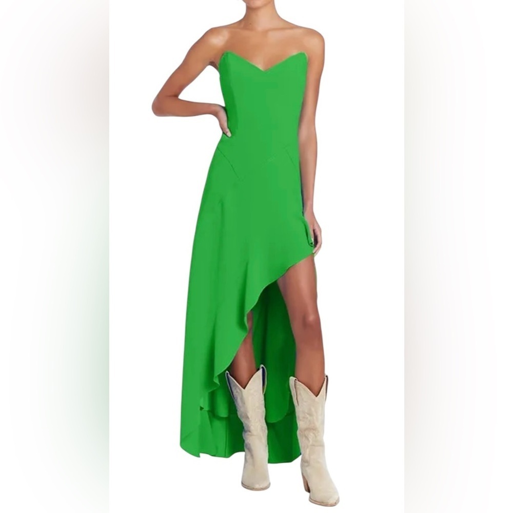 Amanda Uprichard Green Symone Strapless Hi Low Ruffle Gown Size Large NWT